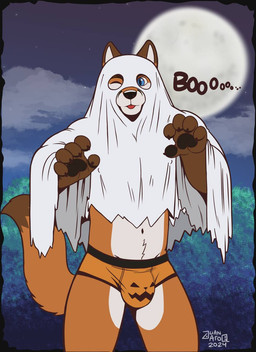 abs anthro brown_body brown_fur bulge clothing fur holidays male muscular orange_body orange_fur solo underwear white_body white_fur juanatoq halloween scott_(scottthefox94) canid canine fox ghost mammal spirit hi_res
