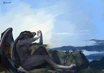 anthro breasts ear_piercing feathers female nipple_piercing nipples piercing shaded_background sitting solo wings gaertan angel fallen_angel lagomorph leporid mammal rabbit colored digital_drawing_(artwork) digital_media_(artwork) digital_painting_(artwork) hi_res painting_(artwork) shaded