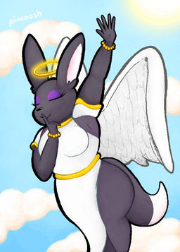 anthro biped bracelet clothing cloud dark_body dark_fur dress eyelashes eyeshadow feathered_wings feathers female fur halo jewelry makeup raised_arm shush sky solo sun tail white_clothing wings pincoosh angel canid canine fennec_fox fox mammal true_fox digital_media_(artwork) hi_res signature