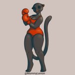 anthro battocks black_body black_skin boxing boxing_gloves butt clothing female fur green_eyes grey_body grey_fur grey_skin handwear melanistic red_costume solo sport swimwear mommylemon cougar felid feline mammal pantherine 1:1 absurd_res hi_res