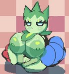 anthro areola big_breasts blue_flower breasts cubesmolly digital_media_(artwork) female flower flower_hands generation_3_pokemon genitals glistening glistening_body green_areola green_body green_nipples huge_breasts huge_thighs nintendo nipples pixel_(artwork) plant pokemon pokemon_(species) pussy red_flower roselia simple_background solo thick_thighs white_eyes wide_hips