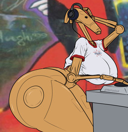 3_fingers bad_posture big_breasts big_butt bottomless breasts butt clothed clothing crop_top disc_jockey dj_booth electronics female fingers glistening glistening_body graffiti graffiti_on_wall headphones huge_breasts huge_butt hyper hyper_breasts hyper_butt long_neck machine metallic_body shirt shirt_only small_waist solo thick_thighs thin_arms thin_neck topwear topwear_only what white_clothing white_topwear wired_headphones methados star_wars star_wars:_the_clone_wars star_wars_insider dj_battle_droid b1_battle_droid battle_droid humanoid robot 2025 absurd_res hi_res