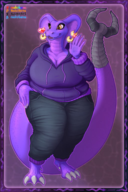 anthro big_breasts border bottomwear breasts claws clothing colored_skin curvy_figure ear_piercing ear_ring fangs female hand_on_hip hood hoodie jewelry lizard_tail looking_at_another non-mammal_breasts overweight overweight_anthro overweight_female pants piercing purple_background purple_body purple_skin raised_hand ring_piercing simple_background smile solo standing tail teeth text thick_thighs topwear wide_hips yellow_eyes rockyhorns reptile scalie snake 2:3 absurd_res artist_name full-length_portrait hi_res portrait signature