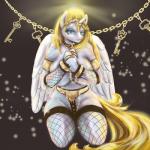 anthro anthrofied bdsm big_breasts biped blonde_hair blue_eyes blush bondage bound breasts chain chastity_belt chastity_device clothing crown cuff_(restraint) dominant eyelashes feathered_wings feathers female fur gloves glowing gold_(metal) gold_chastity_belt gold_chastity_device gold_jewelry hair handcuffs handwear headgear horn huge_breasts jewelry key legwear long_hair long_tail looking_at_viewer metal_cuffs mostly_nude multicolored_body multicolored_fur mystery restraints semi-anthro shackles simple_background smile solo stockings submissive submissive_female tail underwear white_body white_fur white_wings wings yonic_chastity_device conditional_dnp mdwines hasbro my_little_pony fan_character lash_(character) angel equid equine horse mammal pony 1:1 2018 absurd_res digital_drawing_(artwork) digital_media_(artwork) hi_res