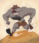 alternate_species anthro belt biceps boots bottomwear clothed clothing facial_hair footwear fur furrification grey_body grey_fur hair hat headgear headwear male muscular muscular_male mustache pecs running shoes shorts simple_background solo topless dodgyrom team_fortress_2 valve saxton_hale mammal marsupial vombatiform wombat