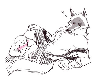 ambiguous_gender anthro blush clothed clothing duo facial_markings fluffy grin head_markings heart_symbol looking_at_viewer male markings mask_(marking) partially_clothed pointy_ears prick_ears red_eyes smile smug ultimatellurker dreamworks puss_in_boots_(franchise) anon death_(puss_in_boots) canid canine canis human mammal wolf hi_res