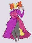 2023 anthro big_breasts blaire_(plantedpot) breasts buckle canid canine clothed clothing colored countershading delphox digital_drawing_(artwork) digital_media_(artwork) dress ear_accessory eyelashes eyeshadow female flower flower_in_ear fox fur generation_6_pokemon heart_buckle hi_res holding_mask huge_breasts inner_ear_fluff looking_at_viewer makeup mammal mask masquerade_mask mature_anthro mature_female nintendo open_mouth open_smile orange_inner_ear_fluff orange_nose plant plantedpot pokemon pokemon_(species) pokemorph purple_clothing purple_dress purple_eyes purple_eyeshadow purple_rose red_rose rose_(flower) simple_background smile smiling_at_viewer solo tail teeth thick_thighs tuft white_body white_countershading white_fur wide_hips yellow_body yellow_fur