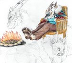 5_toes anthro barefoot big_breasts black_pawpads bonfire breasts chair claws cleavage clothed clothing ear_piercing ear_ring feet female furniture pawpads paws piercing plantigrade ring_piercing sitting soles solo toe_claws toes gravewalker microsoft the_elder_scrolls argonian felid khajiit mammal scalie