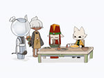anthro apron chef_hat clothed clothing eating eating_food food group hat headgear headwear knife machine male noodles catlop nine_sols red_candle_games ji_(nine_sols) shuanshuan_(nine_sols) yi_(nine_sols) domestic_cat felid feline felis human mammal robot solarian animated no_sound webm