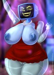 areola big_breasts blue_areola blue_nipples blurred_background breasts camel_toe cleavage clothed clothing dress female gem genitals huge_breasts jewelry machine necklace nipples not_furry pearl_(gem) pearl_necklace pussy red_clothing red_dress screen screen_face smug solo text teenagebratwurst nickelodeon spongebob_squarepants karen_plankton humanoid robot robot_humanoid 2024 absurd_res hi_res url