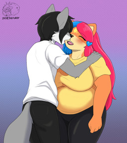 anthro black_hair black_nose blue_hair duo female fur grey_body grey_fur hair kissing male male/female orange_body orange_fur overweight overweight_female pink_hair white_body white_fur yellow_body yellow_fur allartskye canid canine canis mammal mustelid otter wolf hi_res