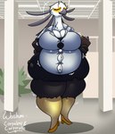 after_vore anthro anthro_pred beak belly big_belly big_breasts black_bottomwear black_clothing black_skirt bottomwear breast_expansion breasts butt butt_expansion cleavage clipboard clothed clothing detailed_background expansion eyes_closed feathers female female_pred grey_beak holding_clipboard holding_object huge_breasts inside overweight overweight_anthro overweight_female skirt solo standing thick_thighs tight_clothing torn_clothing vore weight_gain white_body white_feathers wide_hips the_hookaloof aggretsuko sanrio secretary_washimi accipitriform avian bird secretary_bird absurd_res hi_res