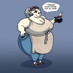 anthro apron beverage big_breasts black_eyes black_nails blue_background blue_bottomwear blue_clothing blue_pants bottomwear breasts cleavage clothed clothing coffee coffee_pot colored_nails curlers dialogue eyelashes eyewear female fur glasses grey_hair hair hand_on_hip hooves huge_breasts looking_at_viewer nails overweight overweight_female pants pink_slippers round_glasses simple_background smile solo speech_bubble talking_to_viewer text thick_thighs white_body white_fur wide_hips purveyor-of-blubber beware_the_shadowcatcher zed_technician_games maude_(bts) bovid caprine mammal sheep 1:1 english_text hi_res