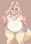 5_fingers anthro backwards_virgin_killer_sweater belly belly_focus big_belly blush breasts brown_background clothing embarrassed featureless_breasts female fingers front_view fur gloves_(marking) green_eyes hair long_hair looking_at_viewer markings open_mouth overweight overweight_anthro overweight_female pink_hair simple_background solo standing sweater tan_body tan_fur thick_thighs topwear virgin_killer_sweater shinobe meme_clothing ou_sakuraba_(shinobe) canid canine fox mammal 2017 hi_res meme