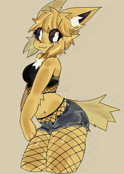 anthro bangs black_clothing black_crop_top black_nose black_sclera black_shirt black_topwear bottomwear chest_tuft clothed clothing crop_top eyelashes female fishnet_clothing fishnet_leggings fishnet_legwear fishnet_topwear fur hair inner_ear_fluff leggings legwear navel open_bottomwear open_clothing open_shorts shirt short_hair shorts simple_background smile solo tail topwear tuft white_eyes yellow_body yellow_fur uovo nintendo pokemon eeveelution generation_1_pokemon jolteon pokemon_(species) colored colored_sketch digital_drawing_(artwork) digital_media_(artwork) hi_res shaded sketch