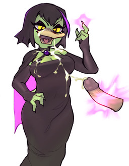 anthro beak black_clothing black_dress black_hair bodily_fluids breasts cleavage clothed clothing cum cum_on_breasts cum_on_face disembodied_penis dress duo eyelashes feathers female female_focus front_view genital_fluids genitals green_body green_feathers hair hand_on_hip highlights_(coloring) male male/female open_mouth penis pupils purple_highlights short_hair simple_background slit_pupils solo_focus white_background wide_hips yellow_eyes foursnail disney magica_de_spell anatid anseriform avian bird duck