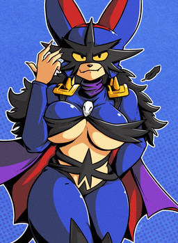 anthro armor big_breasts black_body black_eyes black_feathers black_nose blue_background breasts clothing curvy_figure feather_cape feather_hair feathers female hourglass_figure mask outline pattern_background pauldron pseudo_hair simple_background smile smiling_at_viewer solo sports_mask sportswear tail tan_body thick_thighs tight_clothing under_boob white_outline wide_hips winged_arms wings wrestling_mask wrestling_outfit yellow_sclera roboticsteve raven_(roboticsteve) domestic_cat felid feline felis mammal absurd_res hi_res