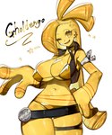 blonde_hair breasts clothed clothing female hair looking_at_viewer not_furry one_eye_closed open_mouth simple_background solo yellow_body yellow_eyes togetoge nintendo pokemon generation_9_pokemon gholdengo humanoid pokemon_(species) hi_res