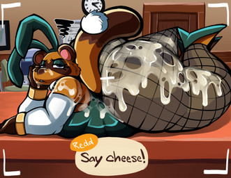 after_sex annoyed bodily_fluids bunny_costume butt clothing costume cum cum_on_butt femboy fishnet_clothing fishnet_legwear genital_fluids legwear looking_at_another makeup male speech_bubble doeswhatever animal_crossing nintendo crazy_redd tom_nook_(animal_crossing) canid canine mammal raccoon_dog tanuki hi_res