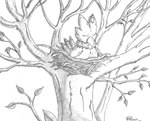 beak bird_nest eyes_closed feathers female feral leaf nest nude plant sitting sleeping solo tree jimfoxx bandai_namco digimon avian bird biyomon digimon_(species) 2019 monochrome signature