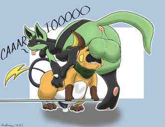 anthro anus balls big_balls black_penis bodily_fluids butt cum cum_in_mouth cum_inflation cum_inside cum_on_ground deep_throat drinking drinking_cum duo ejaculation erection face_mounting fellatio genital_fluids genitals green_body inflation knot knotting male male/male oral oral_knotting oral_only oral_penetration orange_body penetration penile penis penis_in_mouth sex simple_background size_difference tail text tongue tongue_out doodle_moogle nintendo pokemon sparks_the_raichu generation_1_pokemon generation_4_pokemon lucario pokemon_(species) raichu 2018 signature