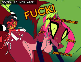 ambiguous_penetration anthro anthro_penetrated bodily_fluids breasts butt cum cum_inside cum_on_butt dialogue duo female female_penetrated from_behind_position genital_fluids green_hair hair horn humanoid_on_anthro humanoid_penetrating humanoid_penetrating_anthro larger_anthro larger_female male male/female male_penetrating male_penetrating_female multicolored_hair nude on_model open_mouth open_smile penetration pink_hair profanity purple_body red_body sex size_difference smaller_humanoid smaller_male smile teeth text two_tone_hair impstripe hazbin_hotel hellaverse missi_zilla zeezi_(hazbin_hotel) demon demon_humanoid dinosaur humanoid imp prehistoric_species reptile scalie 2025 english_text
