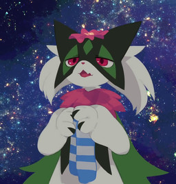 ambiguous_gender anthro biped blinking cosmic_background detailed_background flesh_fang flower front_view fur green_body green_fur holding_scarf math multicolored_body open_mouth paws pink_body pink_nose plant red_eyes solo olyester nintendo pokemon generation_9_pokemon meowscarada pokemon_(species) animated no_sound short_playtime video