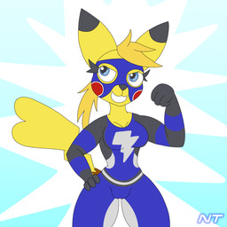 anthro blue_eyes camel_toe eyelashes female flexing hair mask pokemorph ponytail raised_arm small_waist smile solo sports_mask sportswear thick_thighs wide_hips wrestler wrestling_gear wrestling_mask yellow_body ninjatreecko nintendo pokemon fan_character generation_1_pokemon pikachu pokemon_(species) 1:1 hi_res