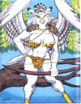 1997 accipitrid accipitriform animal_print animal_print_bikini anthro arrow_(weapon) avian beak big_breasts bikini bird black_body black_feathers bottomwear bow_(weapon) bra branch breasts cheetah_bikini cheetah_print cleavage clothed clothing colored eagle feathered_wings feathers female harpy_eagle holding_object holding_weapon in_tree jewelry leaf looking_at_viewer necklace non-mammal_breasts orange_bottomwear orange_clothing orange_topwear oscar_marcus pattern_bikini pattern_clothing pattern_swimwear pinup plant plume portrait pose quiver_(object) ranged_weapon skimpy solo spread_wings striped_feathers swimwear three-quarter_portrait tight_clothing topwear traditional_media_(artwork) tree two-piece_swimsuit underwear weapon white_body white_feathers wings wood yellow_eyes