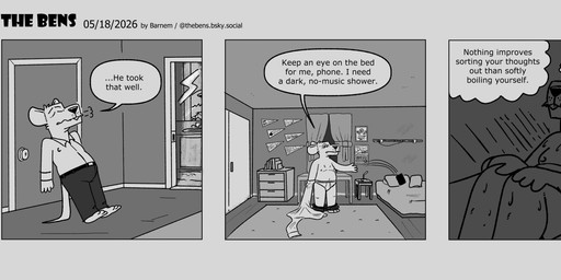 anthro bathroom bed bedroom bottomwear clothing detailed_background dialogue eyes_closed furniture inside male pants shirt shower slightly_chubby solo text topwear underwear undressing barnem mammal murid murine rat rodent 2026 comic english_text hi_res monochrome