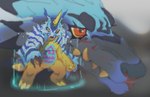 blood bodily_fluids duo feral frown horn male open_mouth striped_body stripes tears teeth silvermender bandai_namco digimon digimon_(species) gabumon garurumon