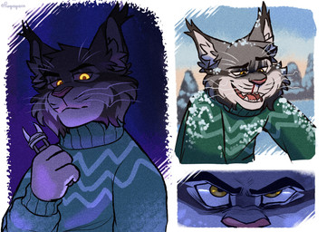 anthro blood bodily_fluids clothing detailed_background eyebrows forest frown fur green_clothing green_sweater green_topwear grey_body grey_fur holding_melee_weapon holding_object holding_weapon looking_at_viewer looking_down male melee_weapon menacing_aura menancing nosebleed plant raised_eyebrow simple_background smile snow solo sweater topwear tree venom_injector weapon yellow_eyes panquequecin disney zootopia pawbert_lynxley canada_lynx felid feline lynx mammal absurd_res hi_res