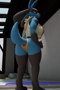 anthro big_breasts blue_body breasts butt camel_toe camel_toe_from_behind clothing female looking_at_viewer poolside presenting presenting_hindquarters solo standing swimwear tail wide_hipped_female wide_hips one_01 nintendo pokemon canid generation_4_pokemon lucario mammal pokemon_(species) 2:3 3d_(artwork) absurd_res blender_(artwork) digital_media_(artwork) hi_res