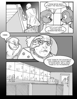 anthro cage carrier clenched_teeth dialogue eyewear facial_tuft furniture glasses group keycard laboratory male narrowed_eyes scientist sink squint table teeth text trio tuft chris_fischer disney chip_(disney) dale_(disney) chipmunk ground_squirrel human mammal mouse murid murine rodent sciurid english_text hi_res monochrome