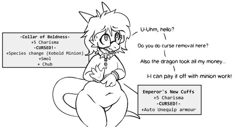 after_transformation ambiguous_gender anthro collar cursed_object dialogue eyewear featureless_crotch gameplay_mechanics glasses hair horn looking_up navel nude simple_background slightly_chubby solo tail text white_background wide_hips shrubie_fox kobold scalie 2026 digital_media_(artwork) english_text monochrome
