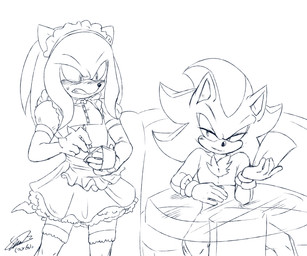 angry anthro blush bodily_fluids clothed clothing crossdressing diner duo furniture half-closed_eyes maid_uniform male narrowed_eyes paper restaurant simple_background smug sweat table uniform waiter white_background year soina sega sonic_the_hedgehog_(series) knuckles_the_echidna shadow_the_hedgehog echidna eulipotyphlan hedgehog mammal monotreme 2016 dated graphite_(artwork) signature sketch traditional_media_(artwork)