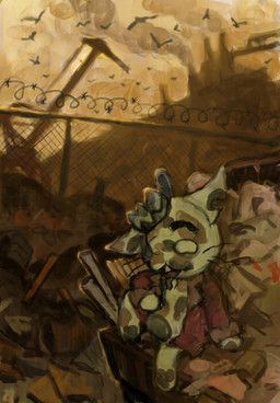 barbed_wire blazer buckteeth clothed clothing dumpster ear_scar featureless_crotch garbage_dump male missing_eye mottled open_mouth reclining scar semi-anthro solo teeth tin_can trash whiskers white_eyes karcador mewgenics trampy_(mewgenics) avian bird calico_cat domestic_cat felid feline felis mammal 2026 digital_media_(artwork) hi_res