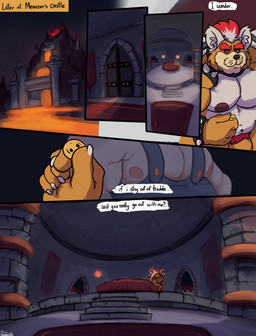 5_fingers bed bedroom bowers carpet castle clothing collared_shirt dress_shirt fingers fur furniture hair lava male nipples nude overalls red_hair shirt solo text topwear white_hair yellow_body yellow_fur uniparasite mario_bros nintendo bowser meowser domestic_cat felid feline felis koopa mammal scalie comic english_text hi_res