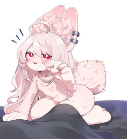 bedding blanket bodily_fluids ear_piercing ear_ring female hair kneeling nipples nude open_mouth piercing pink_body pink_hair pussy_peek red_eyes ring_piercing solo tears young sonira mihoyo zenless_zone_zero zhao_(zenless_zone_zero) lagomorph leporid mammal rabbit thiren absurd_res hi_res adult_(lore)