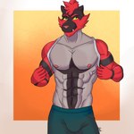 abs anthro areola bent_arm black_body black_fur blue_eyes bottomwear bulge clothing fangs fur gradient_background grey_body grey_fur looking_at_viewer male multicolored_body multicolored_fur muscular muscular_anthro muscular_male nipples pants pecs red_body red_fur simple_background smile solo teeth towel eaglerick nintendo pokemon generation_7_pokemon incineroar pokemon_(species) 1:1 hi_res