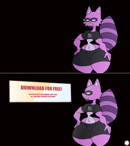 anthro belly bottom_heavy bottomwear cheek_tuft clothing countershade_belly countershading crop_top curvy_figure eyelashes facial_hair facial_markings facial_tuft femboy fur goatee half-closed_eyes hand_on_hip head_markings logo looking_at_viewer male markings mask_(marking) midriff mustache narrowed_eyes navel purple_body purple_fur shirt shorts small_waist solo striped_markings striped_tail stripes tail tail_markings text thick_thighs topwear tuft wide_hips thatdawgmurray happy_tree_friends lorenzo_(subzerowizardo) mammal procyonid raccoon aliasing artist_logo artist_name digital_media_(artwork) english_text hi_res signature