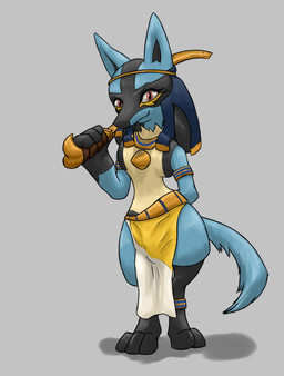 anklet anthro armband black_body black_fur blue_body blue_fur bottomwear bulge clothing cosplay costume egyptian eyeliner fur jewelry khopesh loincloth looking_at_viewer makeup male melee_weapon necklace red_eyes sickle_sword smile solo standing sword tail weapon yellow_body yellow_fur doesnotexist nintendo pokemon canid canine generation_4_pokemon lucario mammal pokemon_(species) 2017 digital_media_(artwork) hi_res