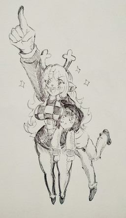 anthro antlers big_breasts blush bottomwear breasts buckteeth clothing curvy_figure duo female fingers freckles gesture hair hand_gesture horn long_hair long_sleeve_shirt long_sleeves male open_mouth pointing pointing_up short_hair skirt small_waist smile teeth pikapika212 deltarune undertale_(series) kris_dreemurr noelle_holiday deer human mammal new_world_deer reindeer 2023 absurd_res black_and_white hi_res monochrome sketch traditional_media_(artwork)