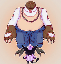 2_toes 4_fingers age_difference anthro barefoot big_ears biped black_body black_fur black_tail black_tail_feathers blue_bottomwear blue_clothing bottomwear brown_clothing brown_gloves brown_handwear brown_hat brown_headwear chain_necklace claws clothed clothed_anthro clothed_male clothing duo feathers feet finger_claws fingers front_view fur gloves handwear hat hat_over_eyes headgear headwear jewelry looking_at_another looking_down male male_anthro necklace nightcap obscured_eyes pajamas pattern_clothing pattern_hat pattern_headgear pattern_headwear pattern_topwear pink_clothing pink_hat pink_headgear pink_headwear pink_pajamas pink_topwear rear_view semi-anthro shirt simple_background size_difference sleepwear snout tail tail_feathers tank_top toe_claws toes topwear white_body white_fur young young_anthro young_male crypticgoon deadlock_(game) mythology valve mo_(deadlock) rem_(deadlock) avian bird chimera dream_creature eulipotyphlan gryphon mammal mole_(animal) mythological_avian mythological_creature owl 2026 hi_res