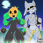 anthro duo feliz food fruit holidays male male/male mummy_costume mummy_wrappings night nude plant pumpkin wide_hips tobydraws4 halloween felix_(tobydraws4) tobby_(tobydraws4) canid canine canis domestic_cat domestic_dog felid feline felis mammal 1:1 hi_res