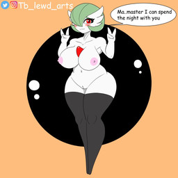 3_fingers big_breasts blush breasts clothing female fingers genitals legwear master nipples non-mammal_nipples pink_nipples pokemorph red_eyes small_waist solo stockings text thick_thighs vulva white_body wide_hips tibbs nintendo pokemon gardevoir generation_3_pokemon humanoid pokemon_(species) 1:1 english_text