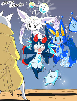 :3 ahoge angry antennae_(anatomy) anthro big_muscles biped black_eyes blue_body blue_eyes blue_hair blush blush_lines clothing coat curious dot_eyes embarrassed eyelashes female female_anthro floating flustered group hair hand_on_face ice liquid_hair long_hair looking_at_another looking_down male male_anthro motion_lines muscular navel_tattoo no_pupils open_mouth pose pseudo_hair shadow simple_eyes sweat_emanata text topwear trenchcoat water white_body kurobaonba ponos_corp. the_battle_cats blizana_(the_battle_cats) gentleman_cat_(the_battle_cats) luminalia_(the_battle_cats) marinmizu_(the_battle_cats) elemental_creature elemental_pixie_(the_battle_cats) felid feline ice_creature light_creature mammal mineral_fauna pixie water_creature 2026 colored digital_drawing_(artwork) digital_media_(artwork) full-length_portrait hi_res japanese_text portrait shaded