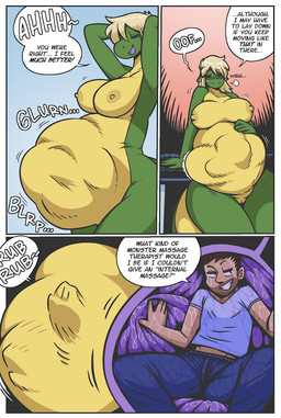 abdominal_bulge anthro areola belly big_areola big_belly big_breasts big_butt big_nipples big_tail blush blush_lines breasts butt clothed clothing dialogue duo facial_hair female female_pred genitals green_body human_prey imminent_death male male/female male_prey massage massage_table nipples non-mammal_nipples nude nude_anthro nude_female relaxing rubbing rumbling_stomach sitting tail tall_female text vore vulva willing_prey x-ray_view shyguy9 mythology sophie_(shyguy9) dragon human mammal mythological_creature mythological_scalie scalie comic english_text hi_res