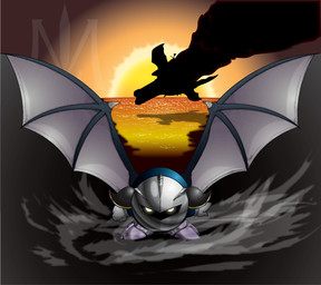 ambiguous_gender armor bat_wings big_wings clothing crash detailed_background footwear gloves handwear looking_at_viewer mask melee_weapon membrane_(anatomy) membranous_wings pose sea shoes simple_background smoke solo sun sunset water weapon wings teevo kirby_(series) nintendo meta_knight 2007 hi_res