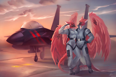 aircraft airplane anthro beak breasts clothed clothing day detailed_background duo feathered_wings feathers female male outside red_body red_feathers sky smile vehicle wings allatir f-15_eagle mcdonnell_douglas mythology fear_(terrorwing) terror_(terrorwing) avian gryphon mythological_avian mythological_creature 2021 digital_media_(artwork) hi_res